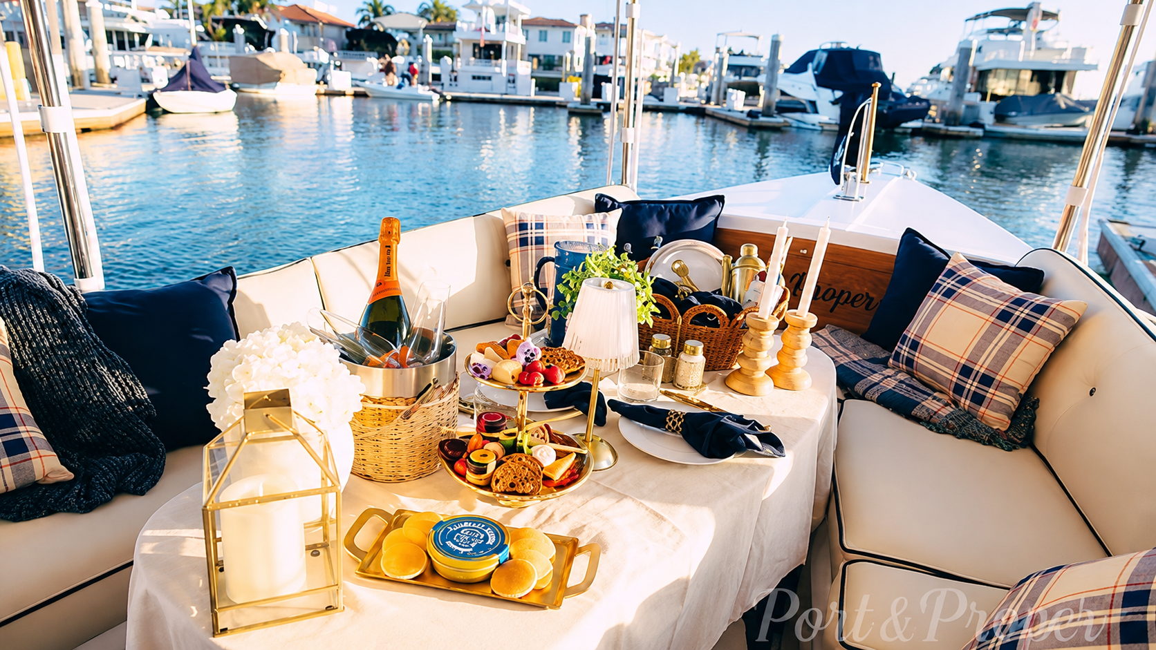 Port & Proper styled table setting aboard in Newport Beach harbor
